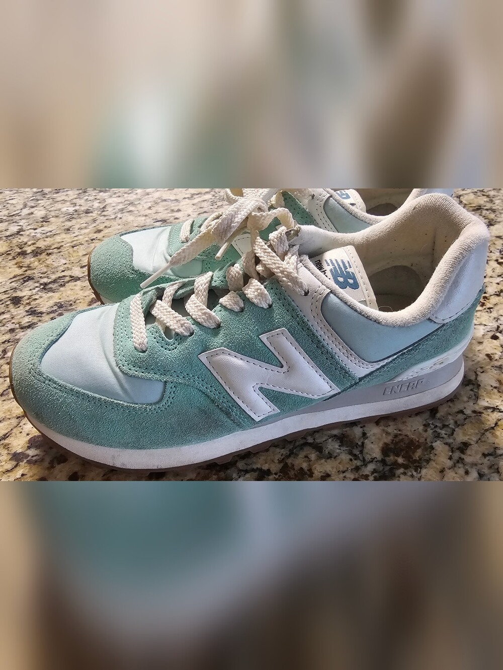 New Balance 574 sneakers, featuring a distinctive seafoam green suede upper 6.5 - Picture 4 of 11